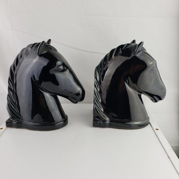 Vintage Abingdon Pottery USA Glossy Black Horse Head Bookends - Picture 2 of 4